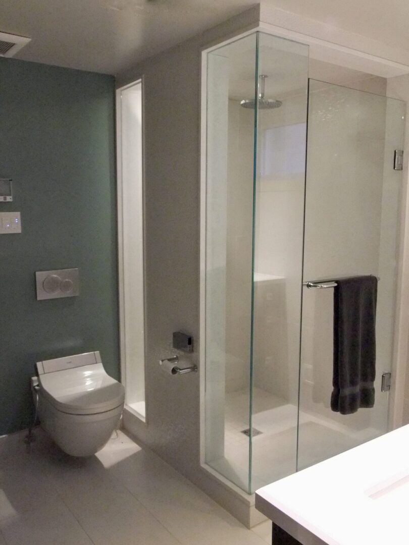 High tech ensuite shower and wall hung toilet